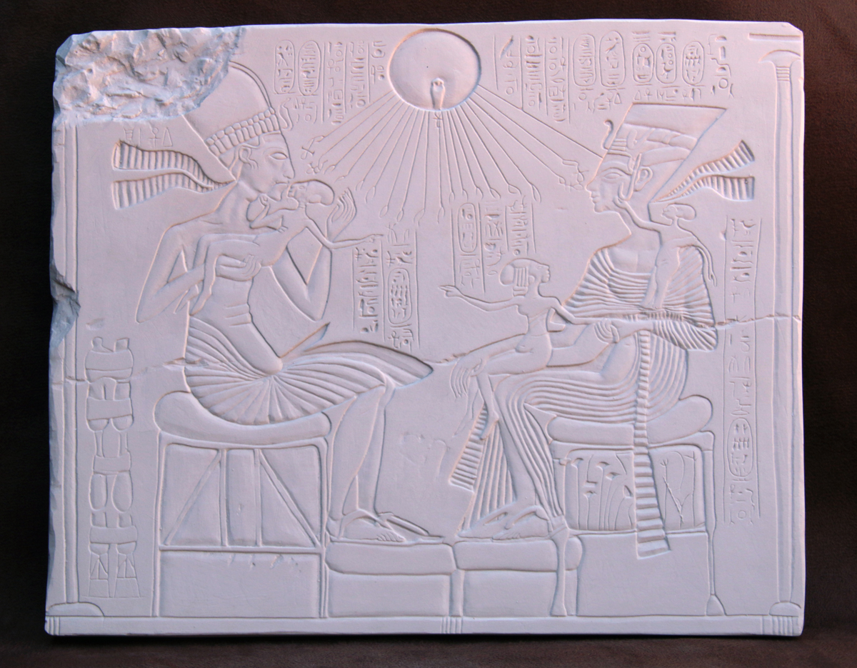 Available for purchase, Akhenaten, Nefertiti, and three daughters Wall Plaque replica in plaster, handmade by the Modern Souvenir Company.