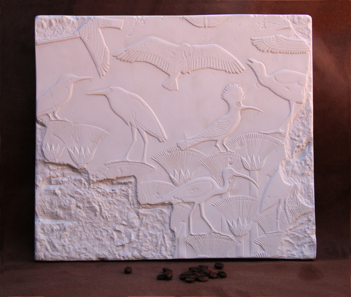 Available for purchase, Birds and Papyrus Wall Plaque replica in plaster, handmade by the Modern Souvenir Company.