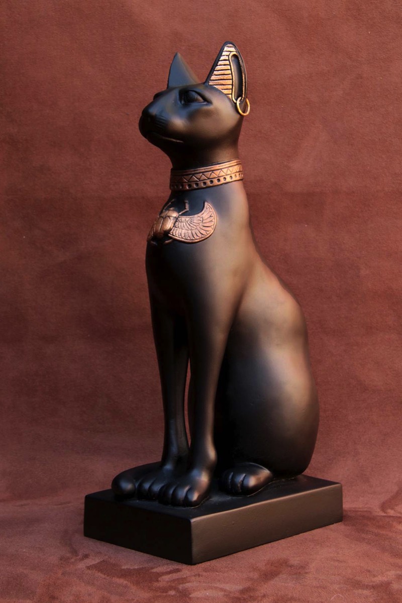 Available for Purchase, Cat Goddess Bass in Black and Gold, handmade by the Modern Souvenir Company.