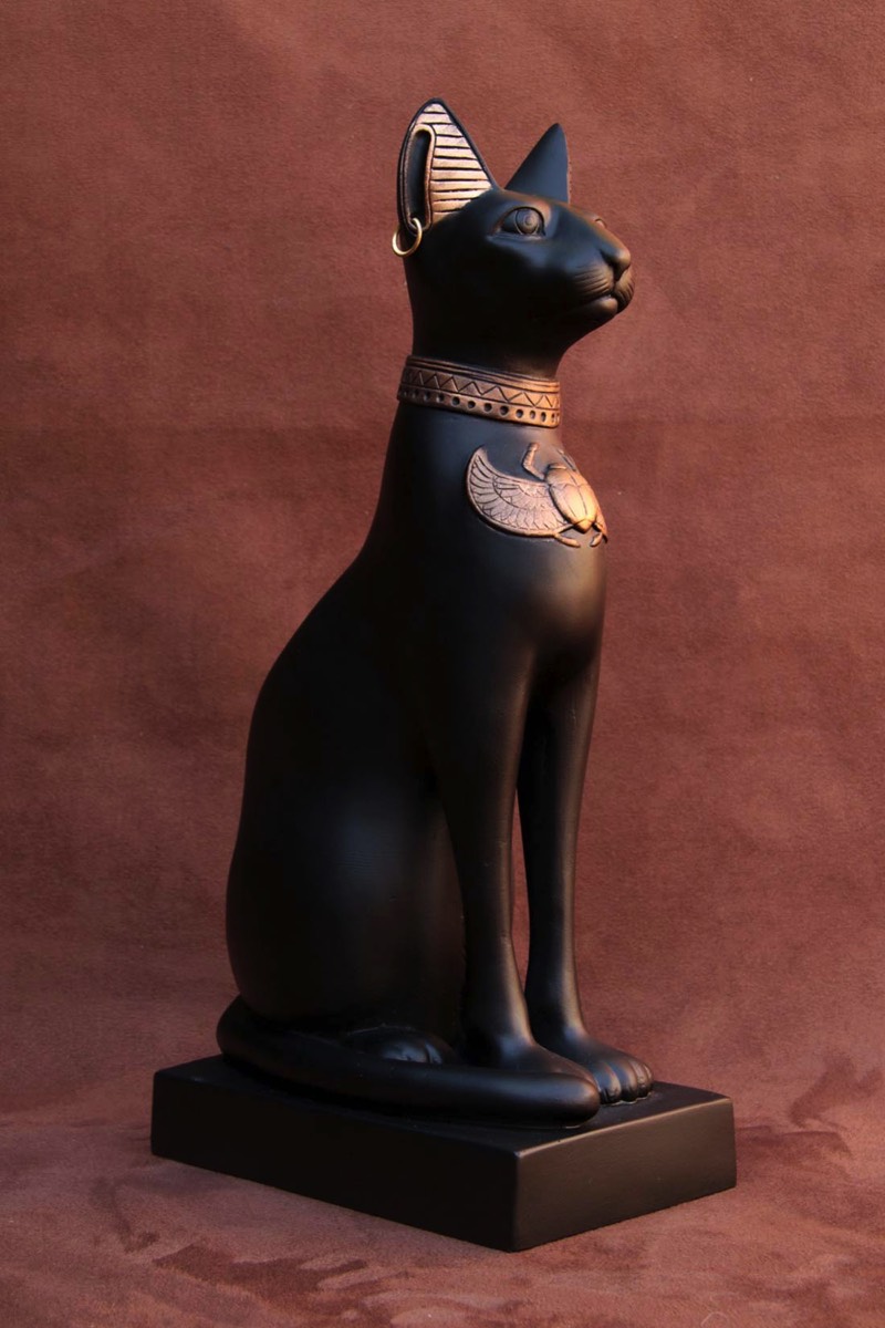 Available for Purchase, Cat Goddess Bass in Black and Gold, handmade by the Modern Souvenir Company.